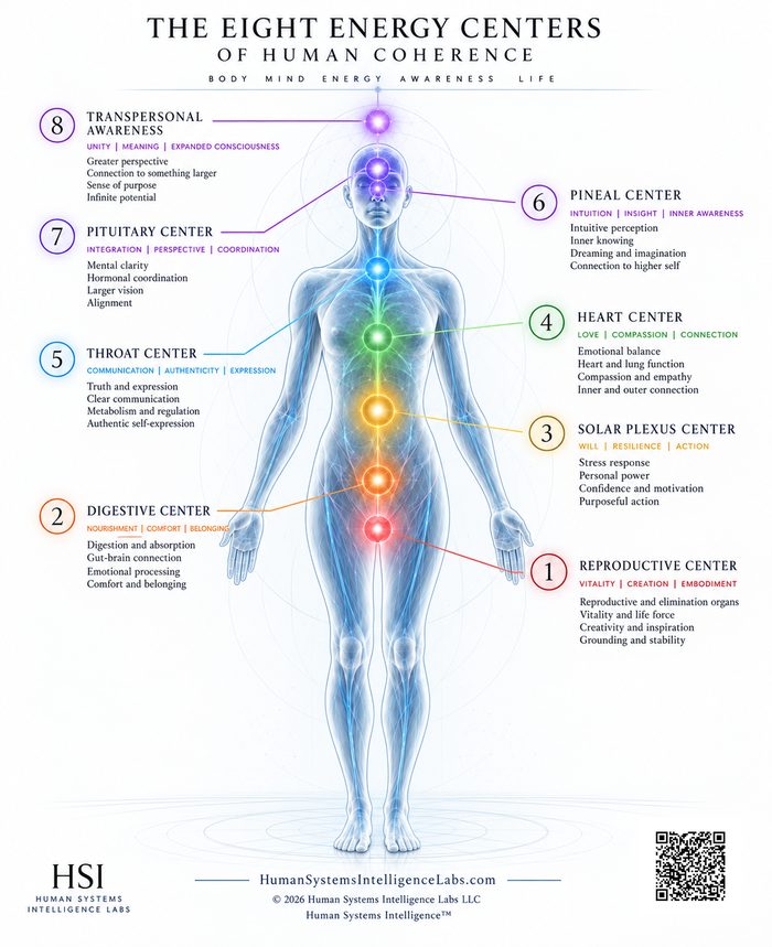 The Eight Energy Centers — clinical white edition